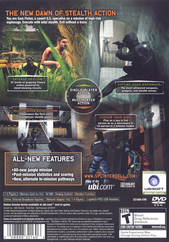 Back Cover for Tom Clancy's Splinter Cell: Pandora Tomorrow (PlayStation 2)