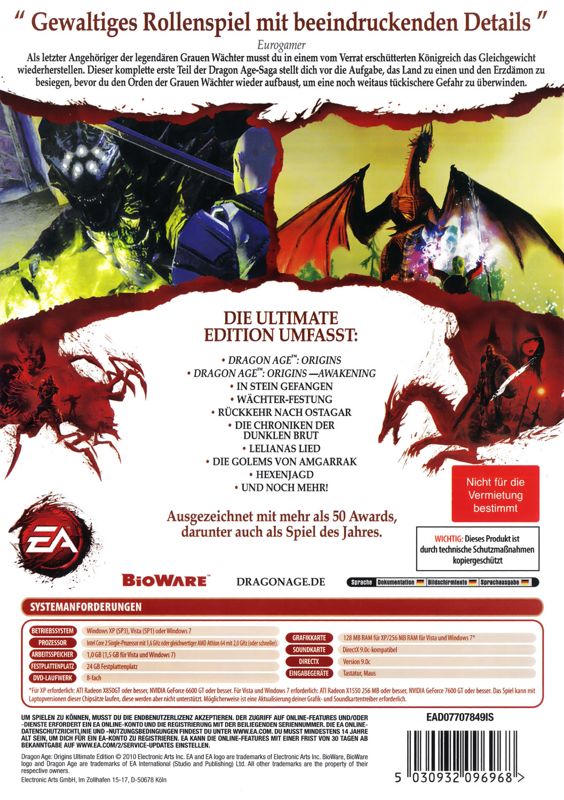 Back Cover for Dragon Age: Origins - Ultimate Edition (Windows)