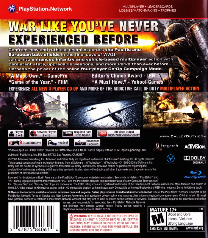 Back Cover for Call of Duty: World at War (PlayStation 3) (Greatest Hits release)