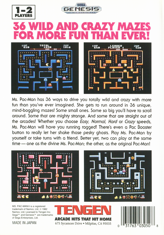 Back Cover for Ms. Pac-Man (Genesis) ("Made in Japan" release)