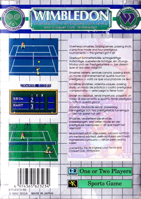 Back Cover for Wimbledon Championship Tennis (Game Gear)