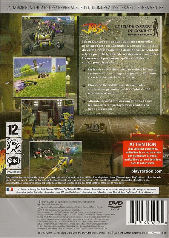 Back Cover for Jak X: Combat Racing (PlayStation 2) (Platinum release)