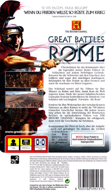 Back Cover for The History Channel: Great Battles of Rome (PSP)