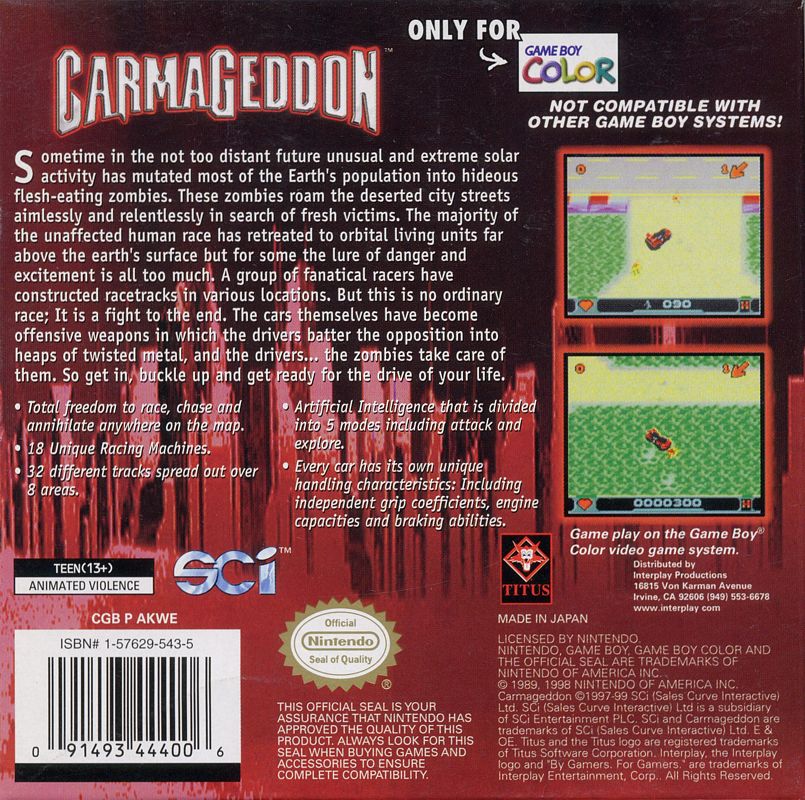 Back Cover for Carmageddon (Game Boy Color)