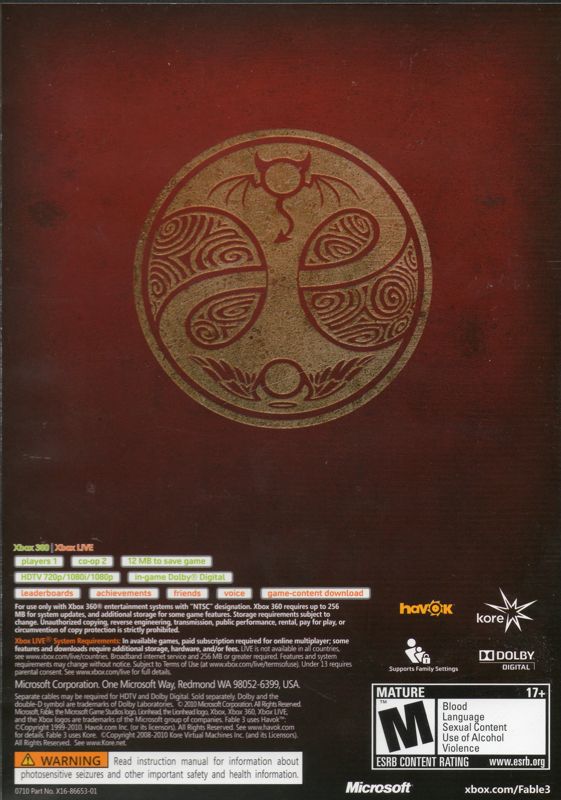 Other for Fable III (Limited Collector's Edition) (Xbox 360): Keep Case - Back