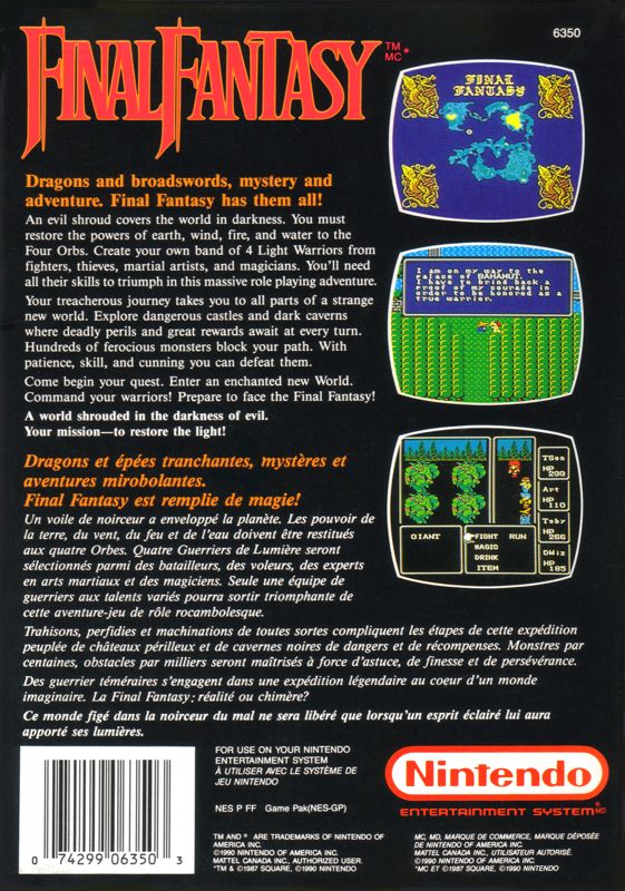 Back Cover for Final Fantasy (NES) (Mattel release)