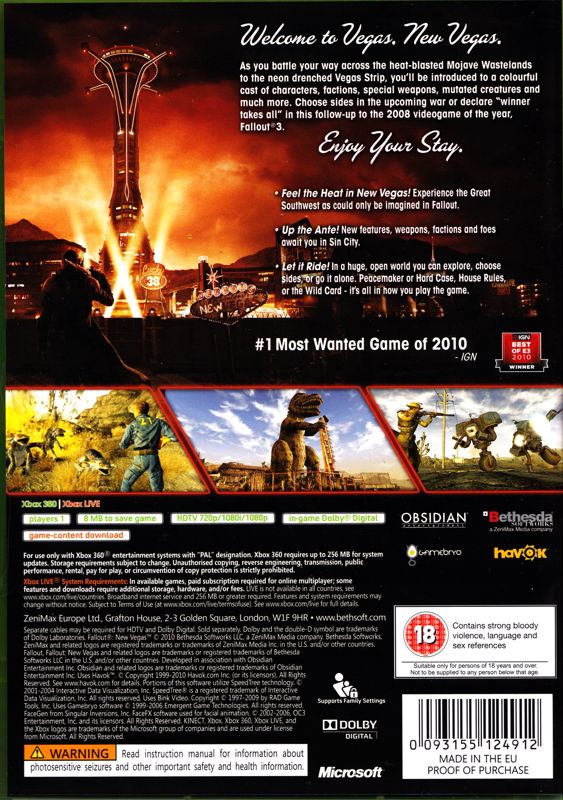 Back Cover for Fallout: New Vegas (Xbox 360)
