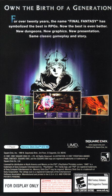 Back Cover for Final Fantasy (PSP) (Display Box)