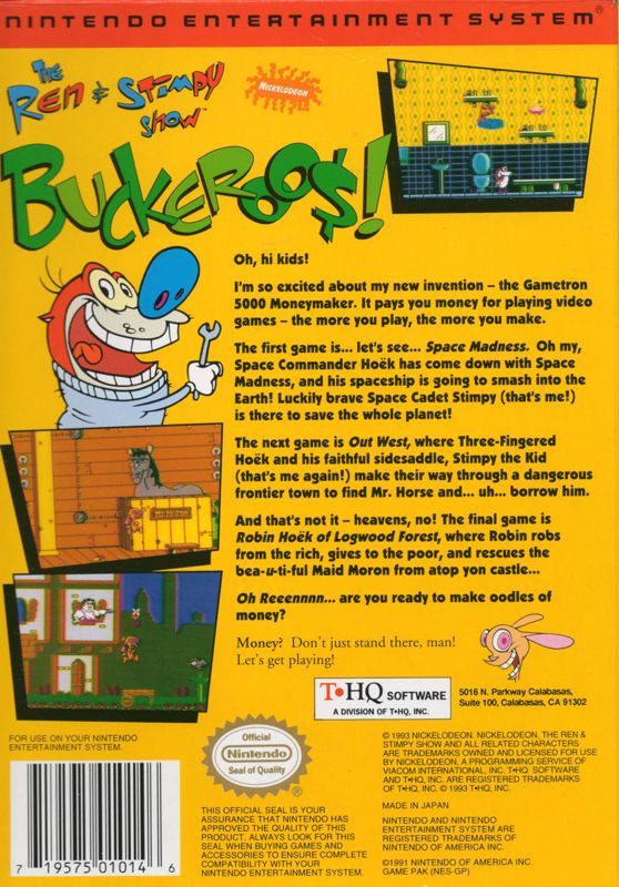 Back Cover for The Ren & Stimpy Show: Buckeroo$! (NES)