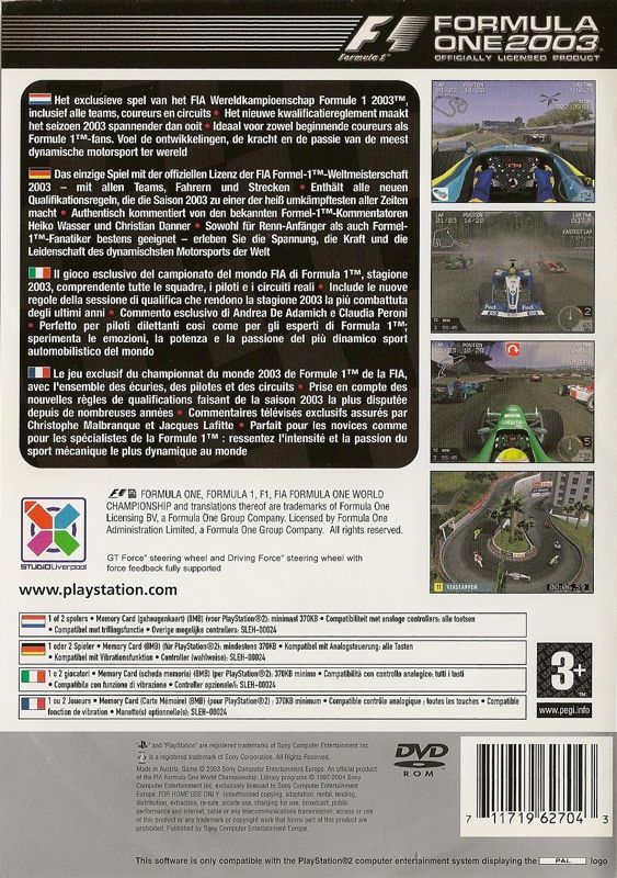 Back Cover for Formula One 2003 (PlayStation 2) (Platinum release)