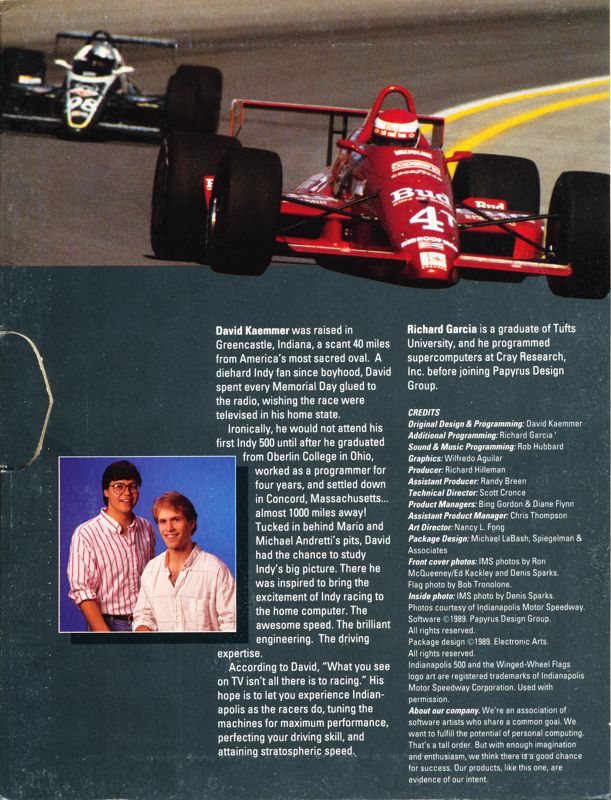 Inside Cover for Indianapolis 500: The Simulation (DOS)