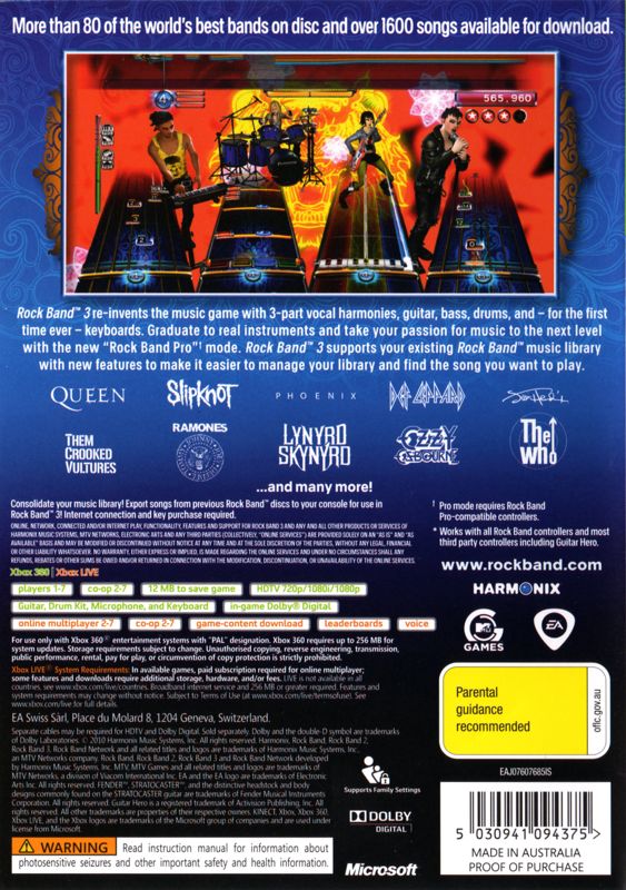 Back Cover for Rock Band 3 (Xbox 360)