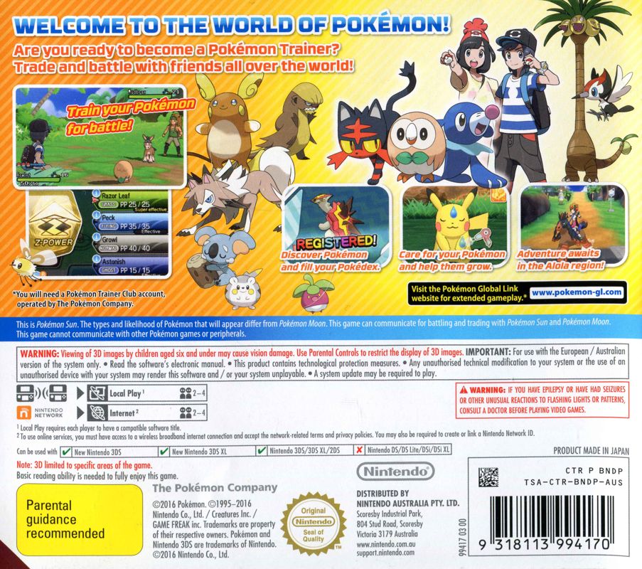 Back Cover for Pokémon Sun (Nintendo 3DS)