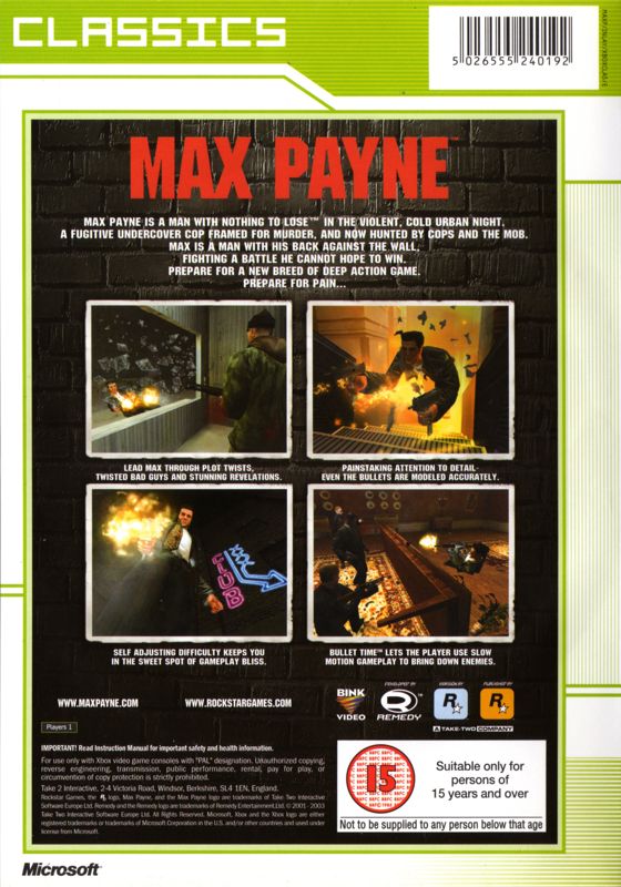 Back Cover for Max Payne (Xbox) (Xbox Classics release)