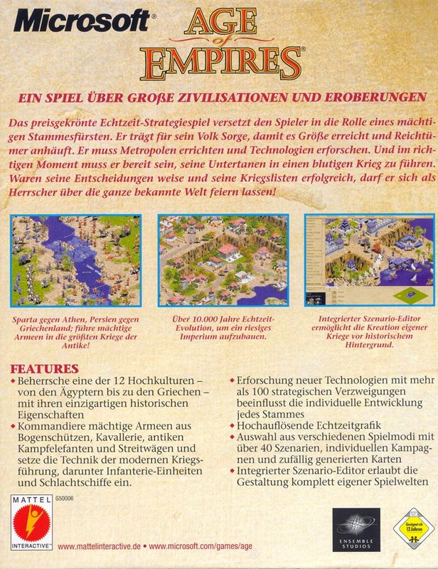 Back Cover for Age of Empires (Windows) (Mattel Interactive / Software Pyramide release)