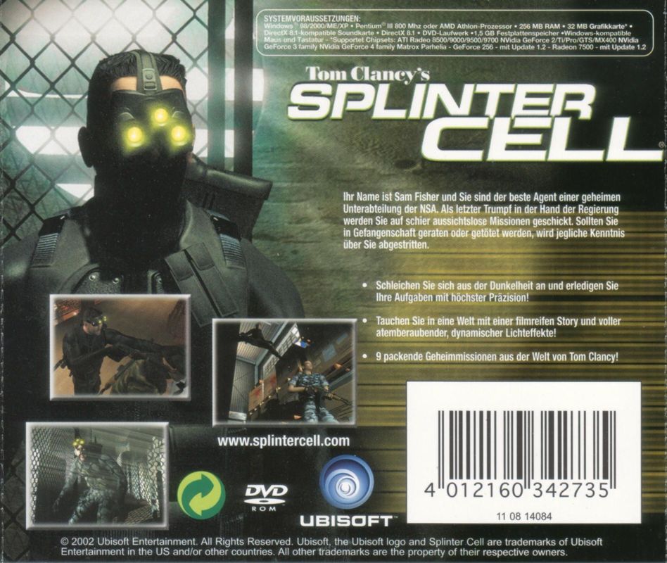 Back Cover for Tom Clancy's Splinter Cell (Windows) (Software Pyramide release)