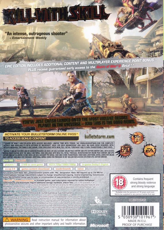 Back Cover for Bulletstorm (Epic Edition) (Xbox 360)