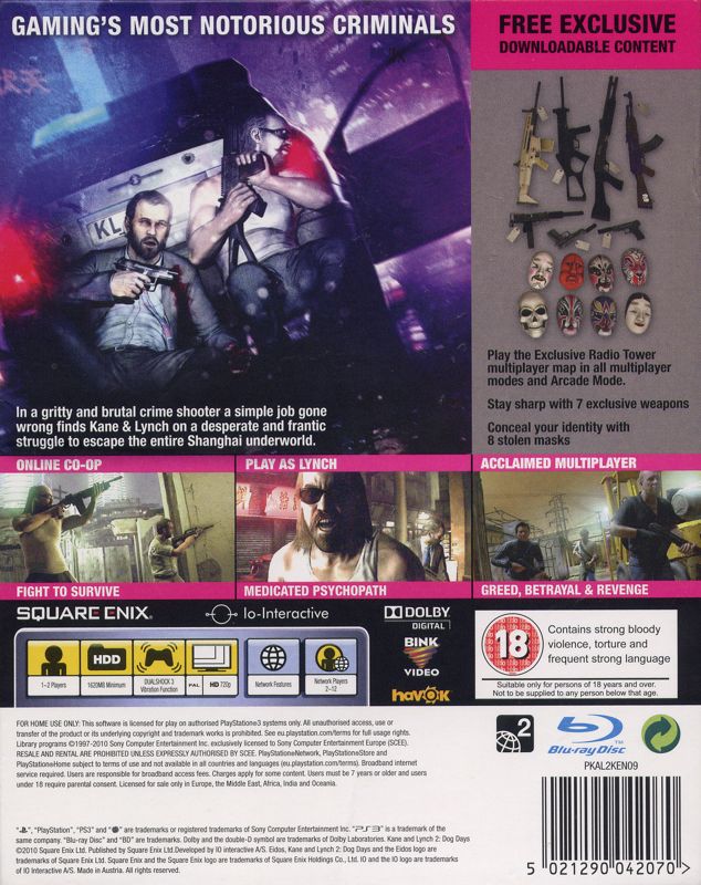 Back Cover for Kane & Lynch 2: Dog Days (Limited Edition) (PlayStation 3)