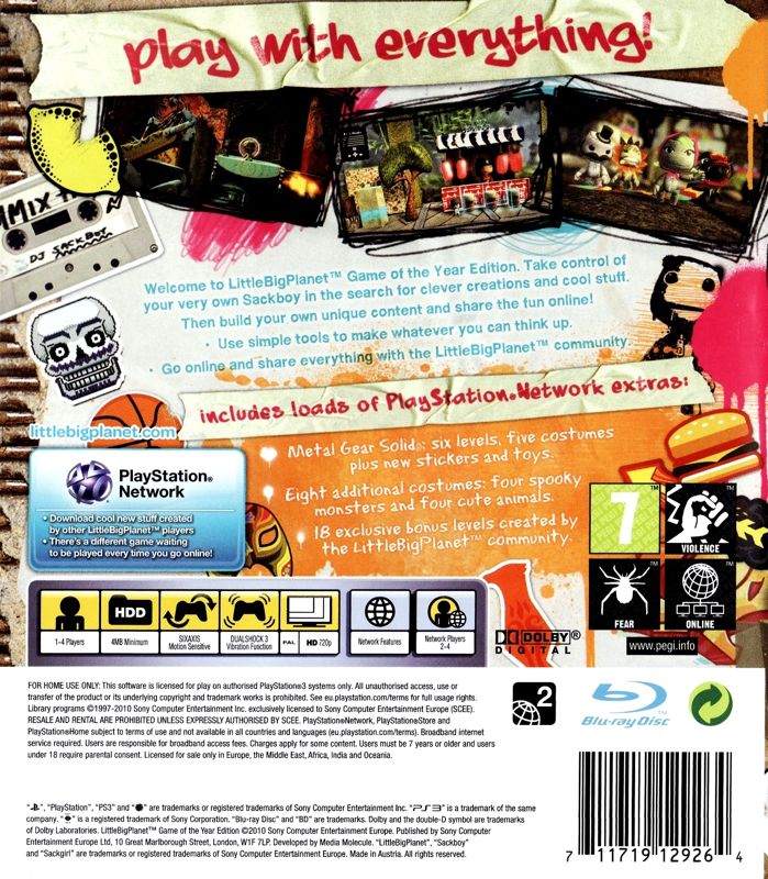 Back Cover for LittleBigPlanet: Game of the Year Edition (PlayStation 3)
