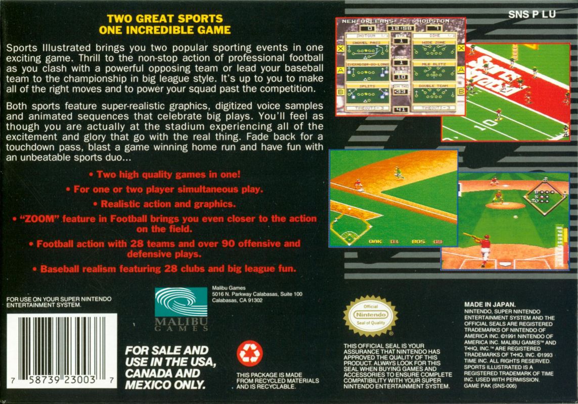 Back Cover for Sports Illustrated: Championship Football & Baseball (SNES)