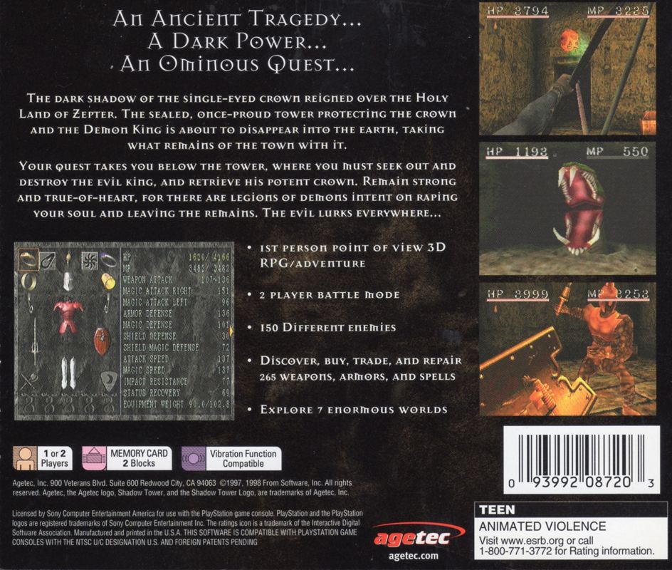 Back Cover for Shadow Tower (PlayStation)
