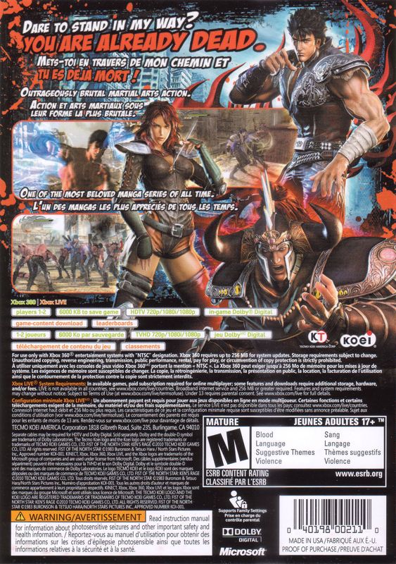 Back Cover for Fist of the North Star: Ken's Rage (Xbox 360)