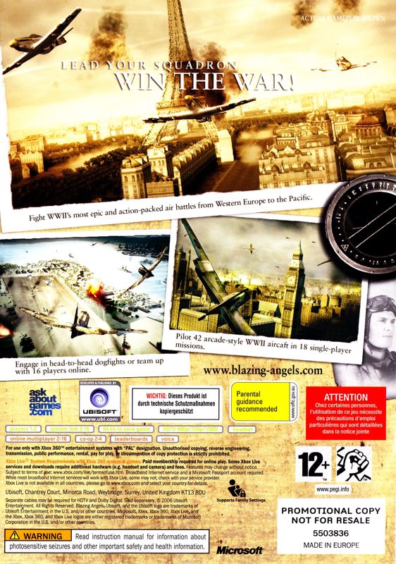 Back Cover for Blazing Angels: Squadrons of WWII (Xbox 360)