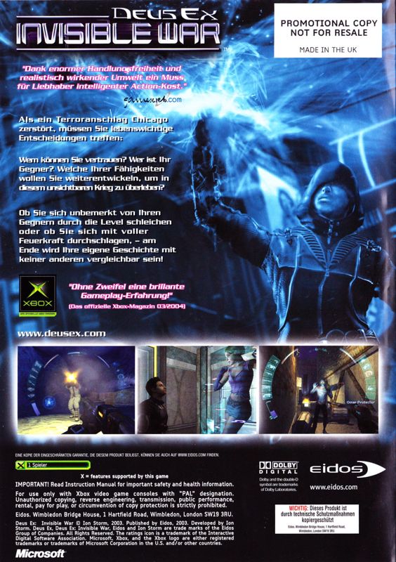 Back Cover for Deus Ex: Invisible War (Xbox)
