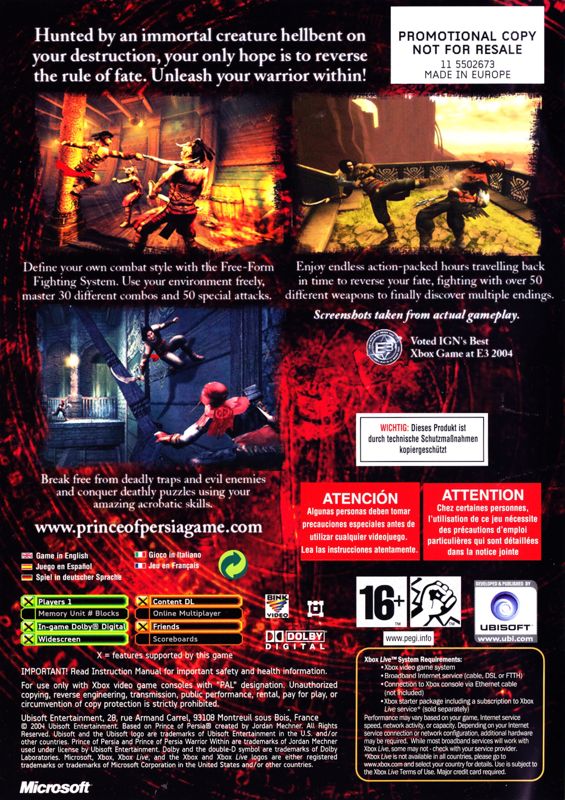 Back Cover for Prince of Persia: Warrior Within (Xbox)