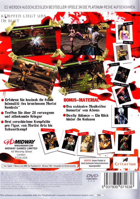 Back Cover for Mortal Kombat: Deadly Alliance (PlayStation 2) (Platinum release)