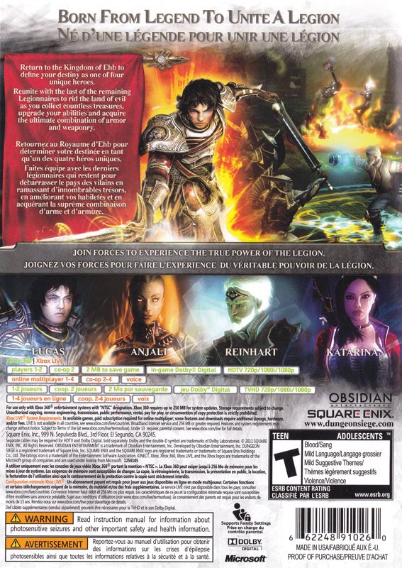 Back Cover for Dungeon Siege III (Xbox 360)