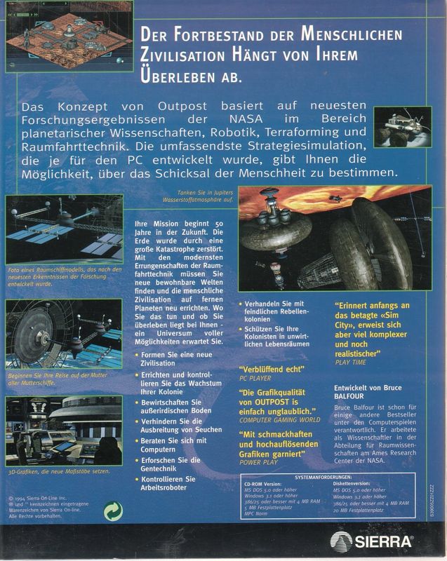 Back Cover for Outpost (Windows 16-bit) (CD-ROM release)