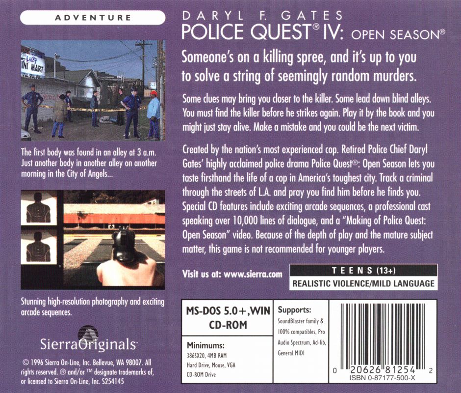 Other for Daryl F. Gates Police Quest: Open Season (DOS and Windows 3.x): Jewel Case - Back