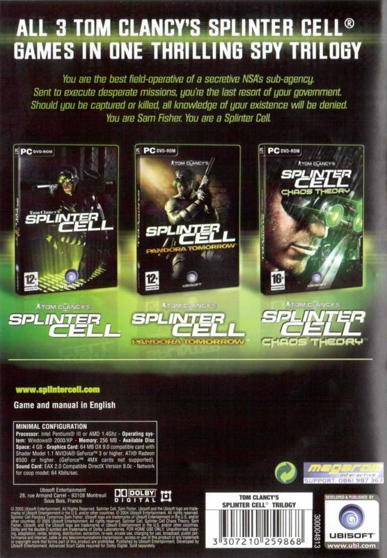 Back Cover for Tom Clancy's Splinter Cell Trilogy (Windows) (Ubisoft Exclusive release)