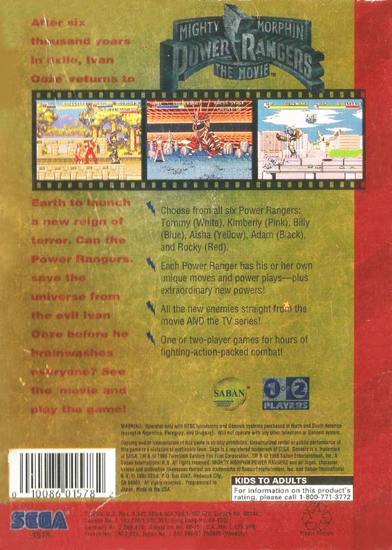 Back Cover for Mighty Morphin Power Rangers: The Movie (Genesis)