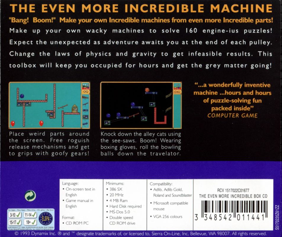 Other for The Even More! Incredible Machine (DOS) (Sierra Originals release): Jewel Case - Back