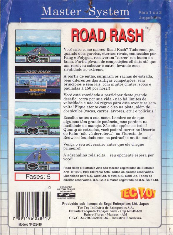 Back Cover for Road Rash (SEGA Master System)