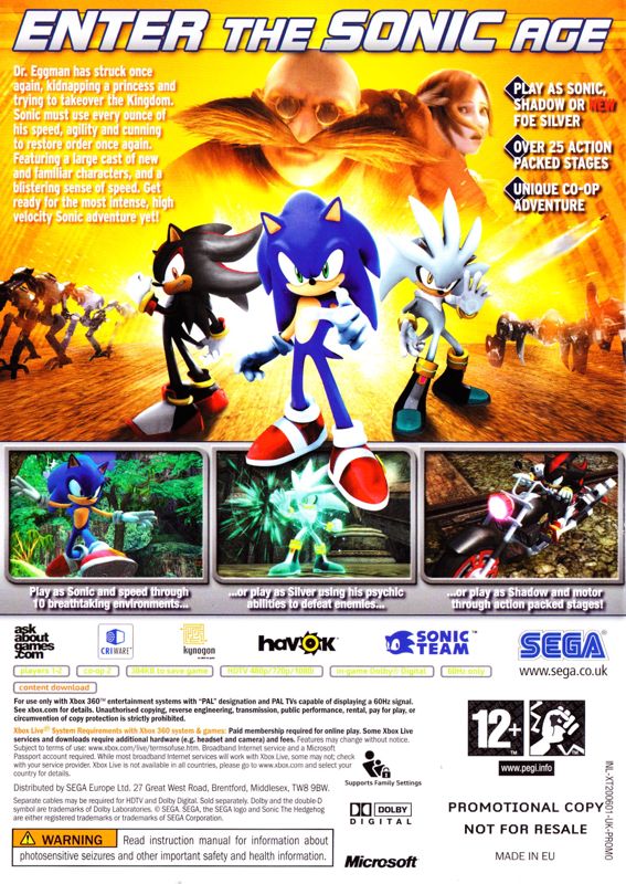 Back Cover for Sonic the Hedgehog (Xbox 360) (For promotional purposes)