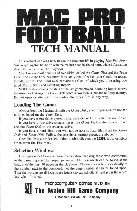 Manual for Mac Pro Football (Macintosh): Tech Manual - Front