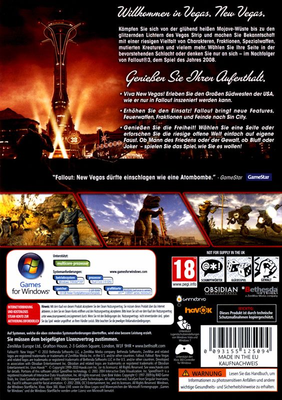 Other for Fallout: New Vegas (Collector's Edition) (Windows): Keep Case - Back