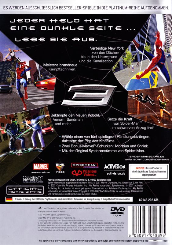 Back Cover for Spider-Man 3 (PlayStation 2) (Platinum release)