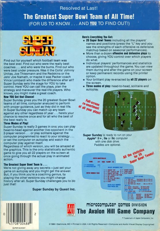 Back Cover for Super Bowl Sunday (Apple II)