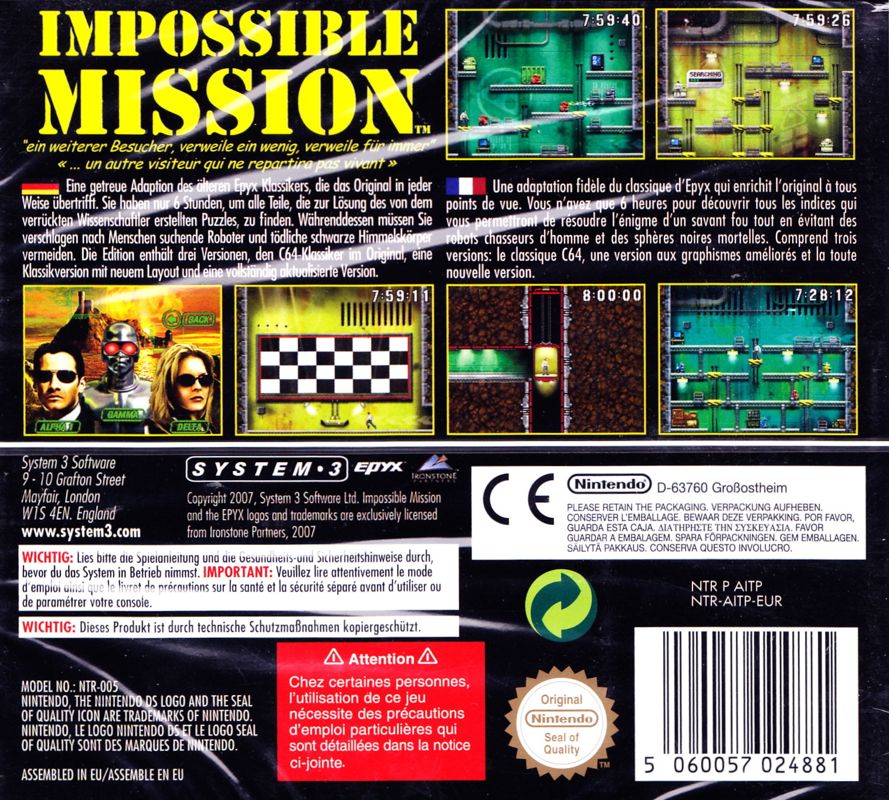 Back Cover for Impossible Mission (Nintendo DS)