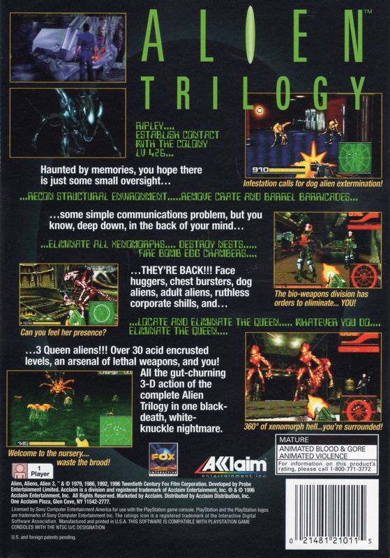 Back Cover for Alien Trilogy (PlayStation)