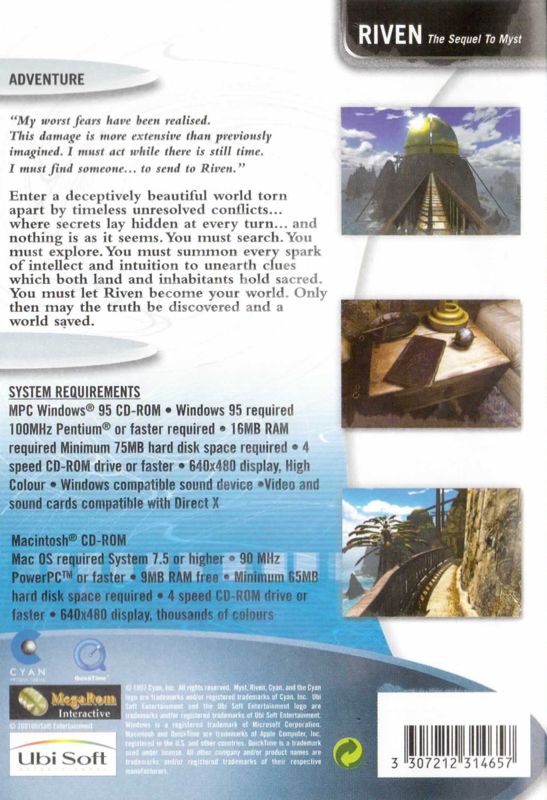 Back Cover for Riven: The Sequel to Myst (Macintosh and Windows) (Ubisoft Exclusive release)