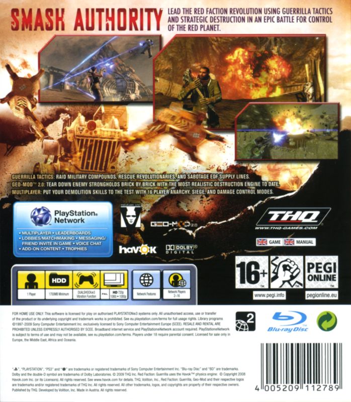 Back Cover for Red Faction: Guerrilla (PlayStation 3)