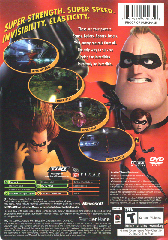 Back Cover for The Incredibles (Xbox)