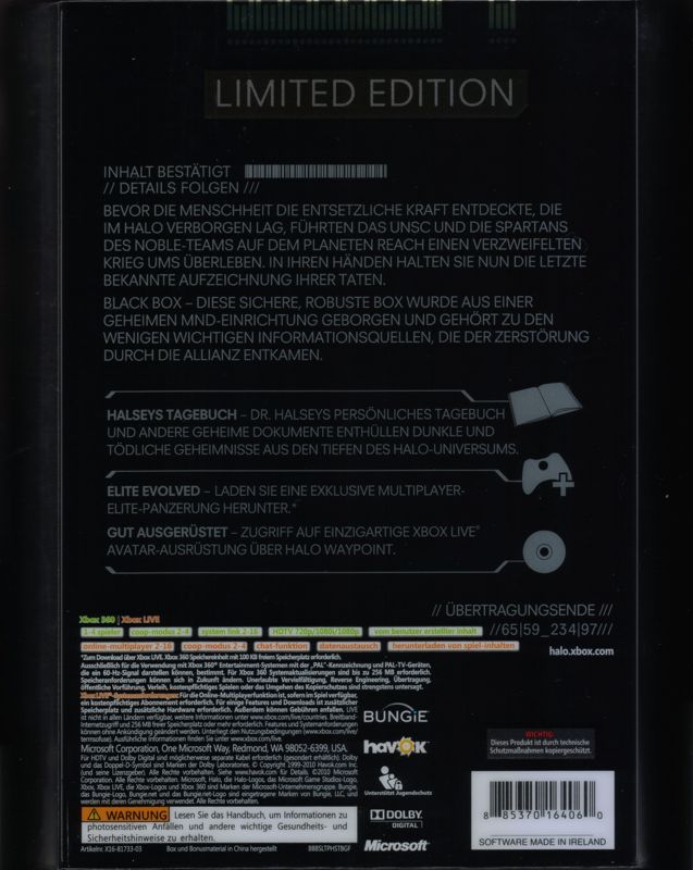 Back Cover for Halo: Reach (Limited Edition) (Xbox 360)