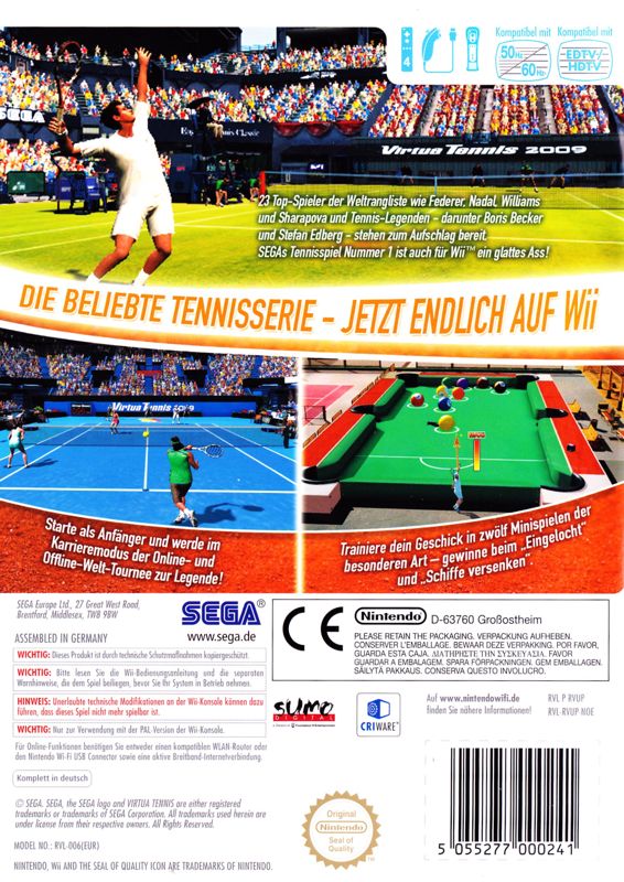 Back Cover for Virtua Tennis 2009 (Wii)