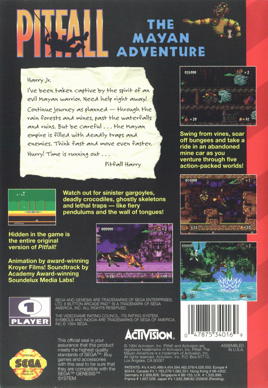 Back Cover for Pitfall: The Mayan Adventure (Genesis) (Pitfall TM release)